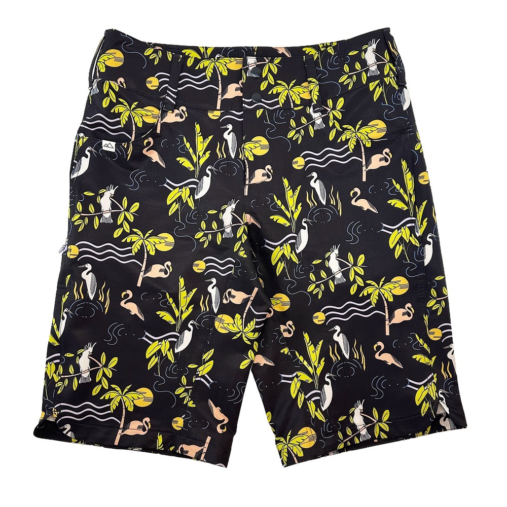 WILD RYE Women's Tropical Bird Mountain Bike Shorts • 6 • black, yellow, peach